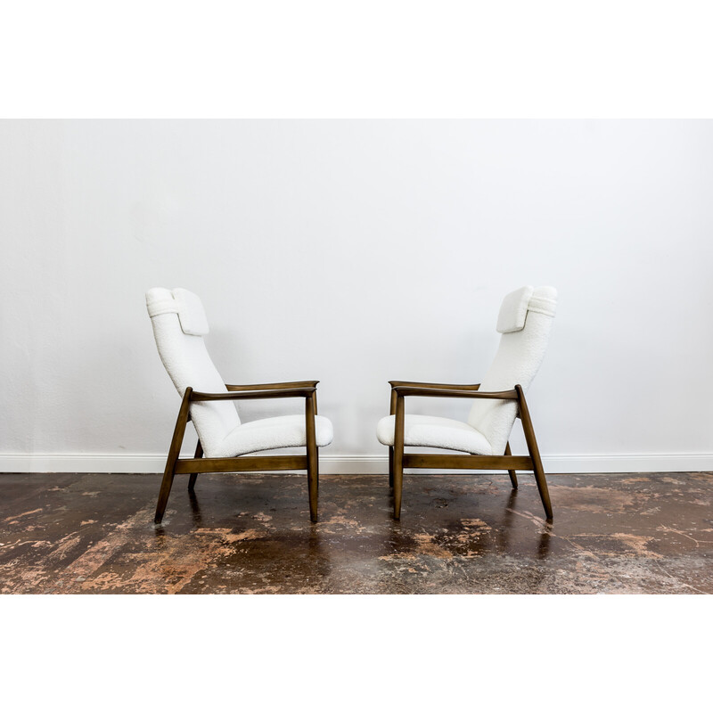 Pair of vintage white boucle Gfm 64 high back armchairs by Edmund Homa, 1960s