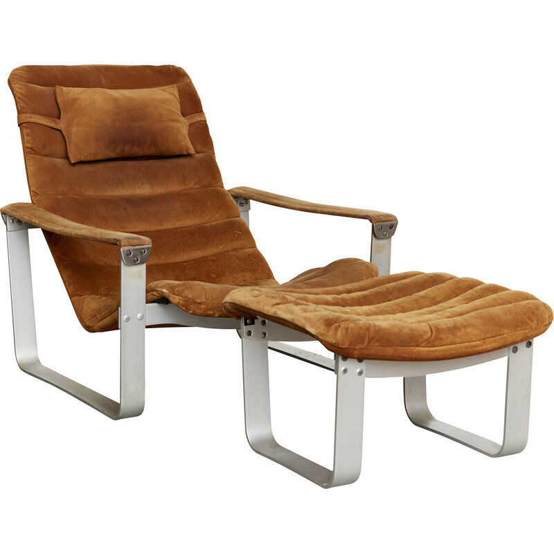 Vintage lounge chair with Pulkka ottoman in aluminum by Ilmari Lappalainen for Asko, Finland 1968s