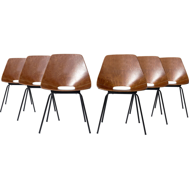 6 vintage Tonneau stoelen in bruin leer en metaal van Pierre Guariche voor Maison du Monde