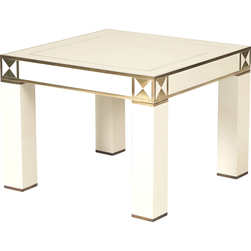Vintage square coffee table in lacquer and brass by Jean Claude Mahey, 1970s