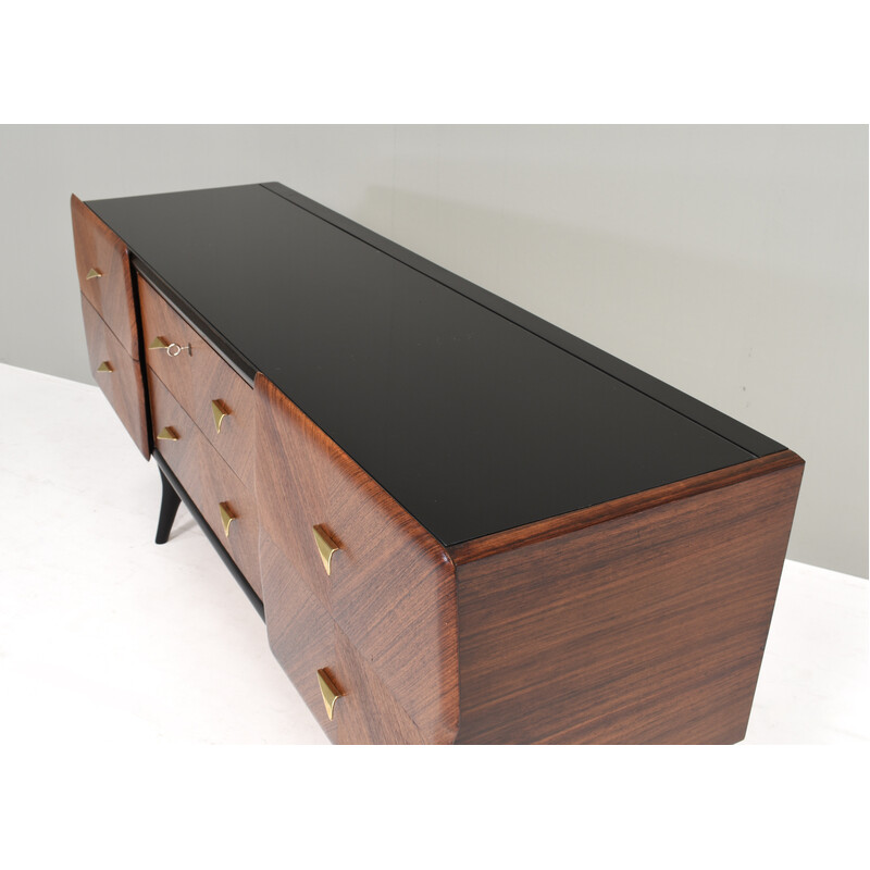 Credenza vintage italiana con dettagli in ottone e piano in vetro, Italia 1950