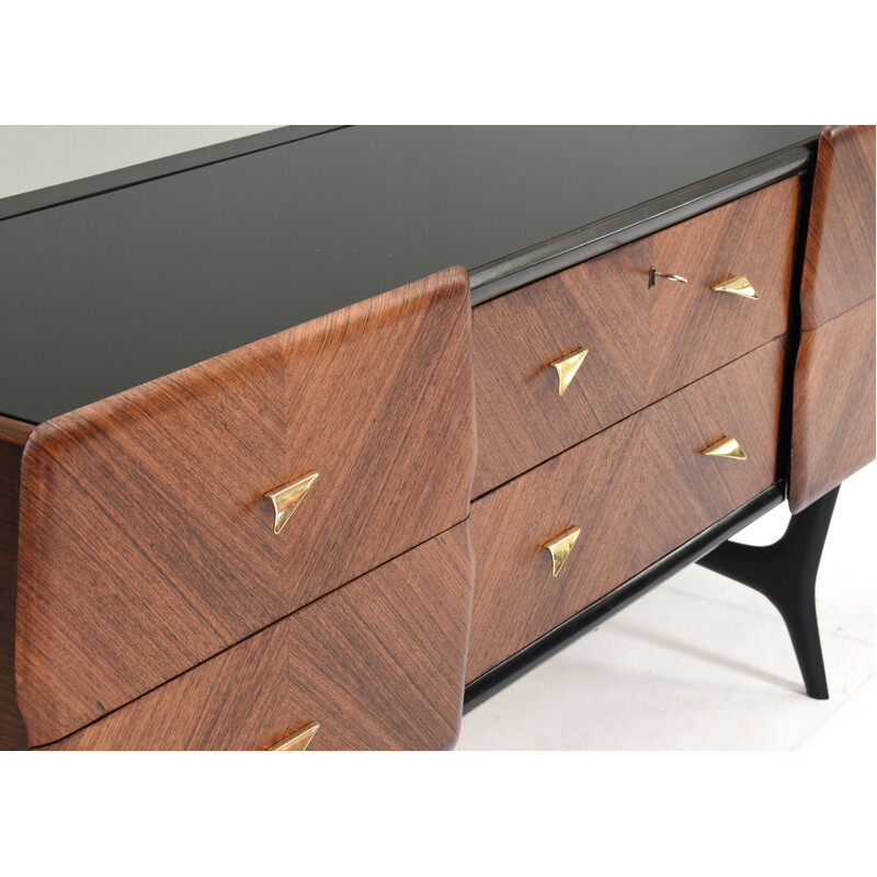 Italian vintage credenza with brass details and glass top, Italy 1950