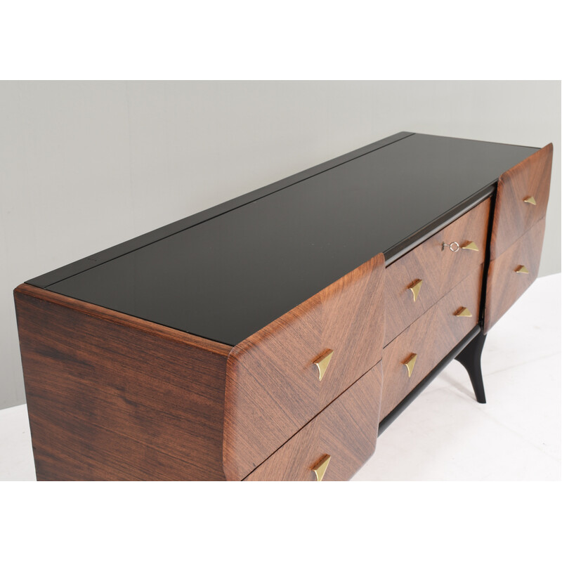 Credenza vintage italiana con dettagli in ottone e piano in vetro, Italia 1950