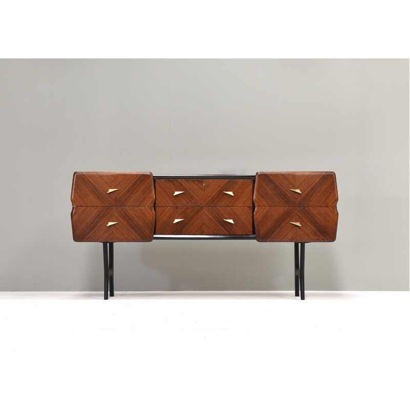 Credenza vintage italiana con dettagli in ottone e piano in vetro, Italia 1950