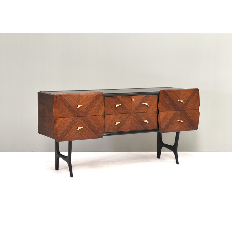 Italian vintage credenza with brass details and glass top, Italy 1950
