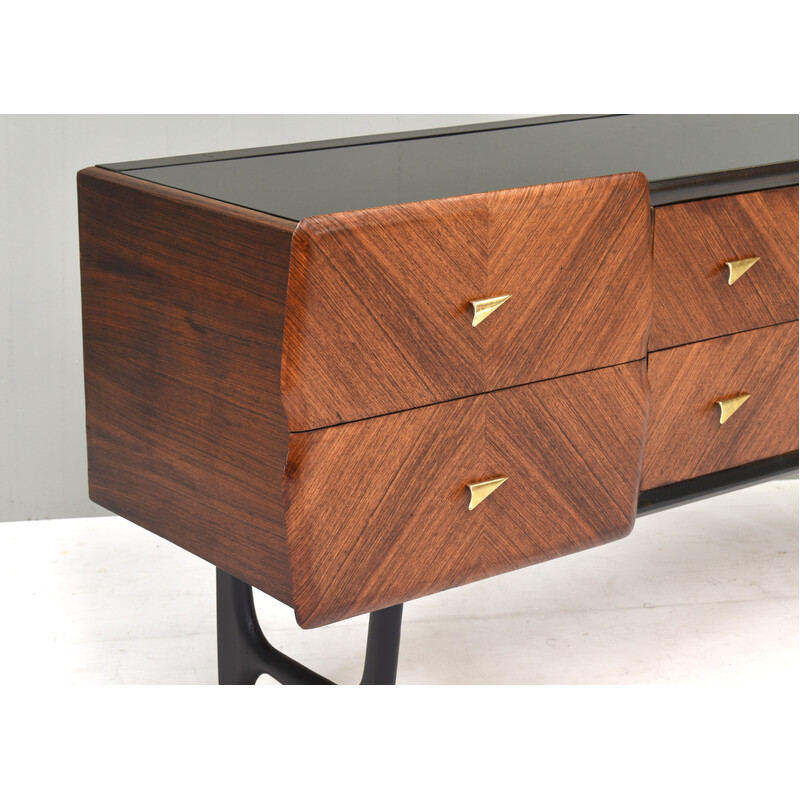 Italian vintage credenza with brass details and glass top, Italy 1950