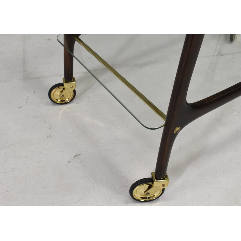 Vintage bar trolley in mahogany, brass and glass by Cesare Lacca, Italy 1950s