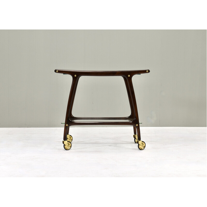 Vintage bar trolley in mahogany, brass and glass by Cesare Lacca, Italy 1950s