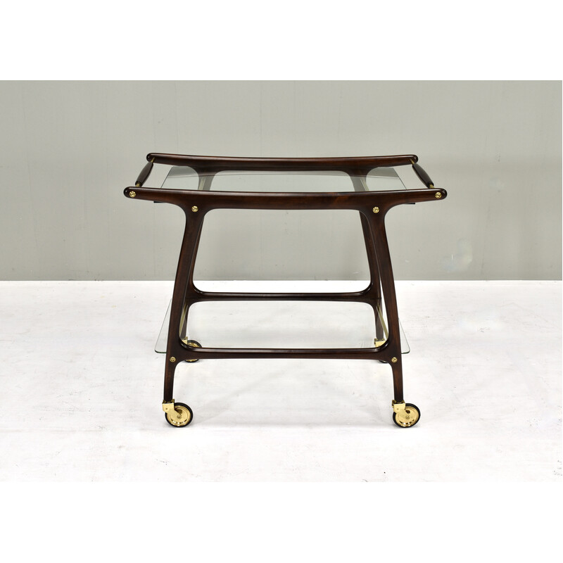 Vintage bar trolley in mahogany, brass and glass by Cesare Lacca, Italy 1950s