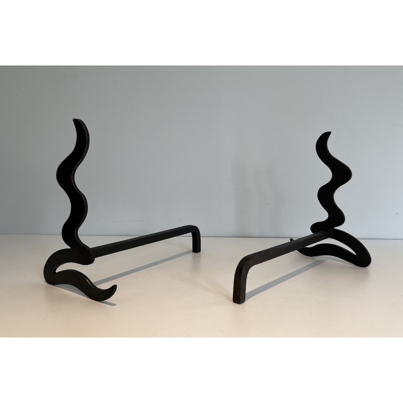 Pair of vintage steel and wrought iron andirons, France 1970s