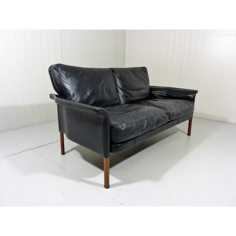 Hans Olsen 2-seater sofa in black leather - 1960s
