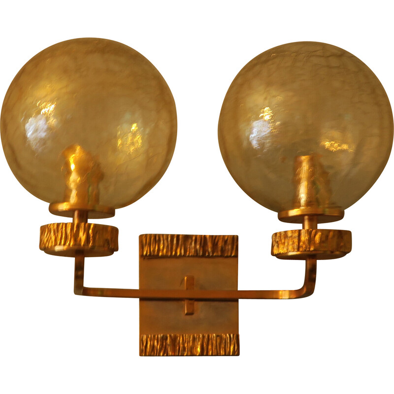 Vintage brass and glass double wall lamp with gold overlay by Angelo Brotto for Isperia, 1970s