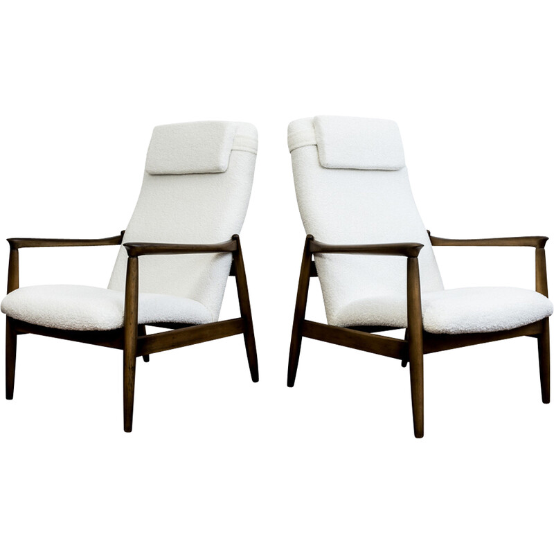 Pair of vintage white boucle Gfm 64 high back armchairs by Edmund Homa, 1960s