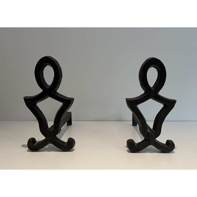 Pair of vintage cast iron and wrought iron andirons, 1940