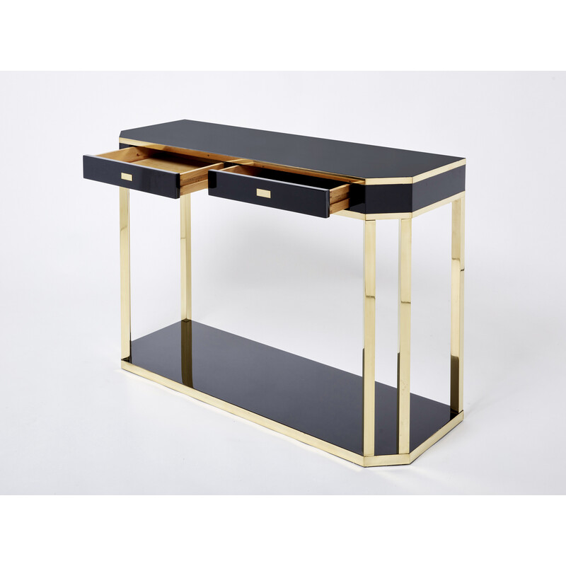 Pair of vintage black lacquered and brass consoles by Jean-Claude Mahey for Maison Romeo, 1970s