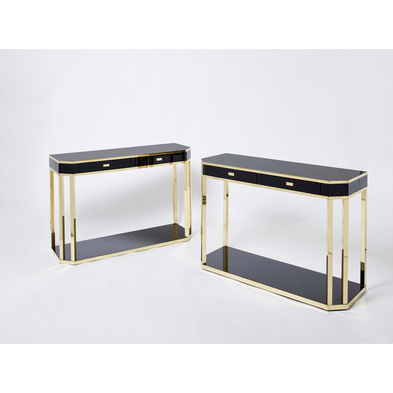 Pair of vintage black lacquered and brass consoles by Jean-Claude Mahey for Maison Romeo, 1970s