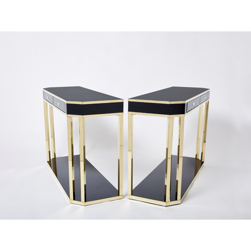 Pair of vintage black lacquered and brass consoles by Jean-Claude Mahey for Maison Romeo, 1970s