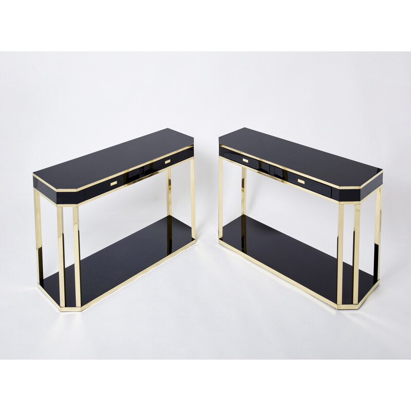 Pair of vintage black lacquered and brass consoles by Jean-Claude Mahey for Maison Romeo, 1970s