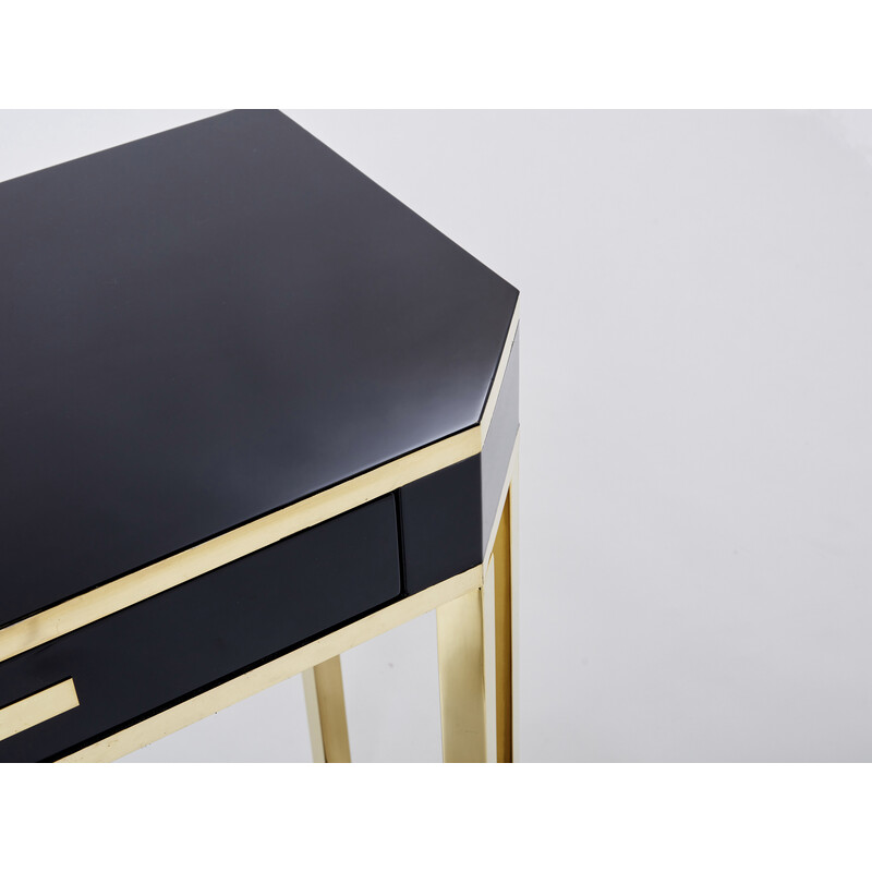 Pair of vintage black lacquered and brass consoles by Jean-Claude Mahey for Maison Romeo, 1970s