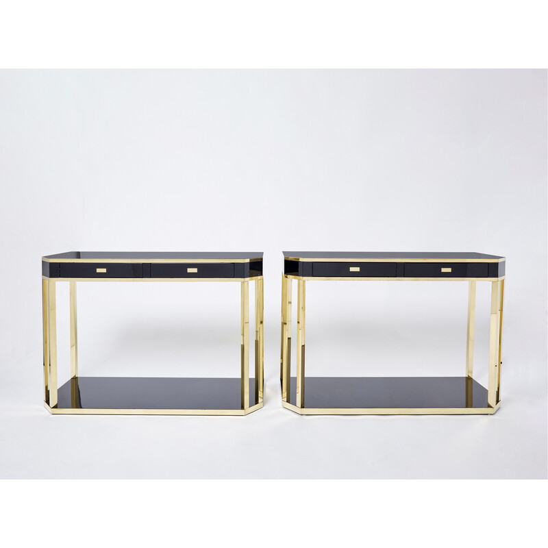 Pair of vintage black lacquered and brass consoles by Jean-Claude Mahey for Maison Romeo, 1970s