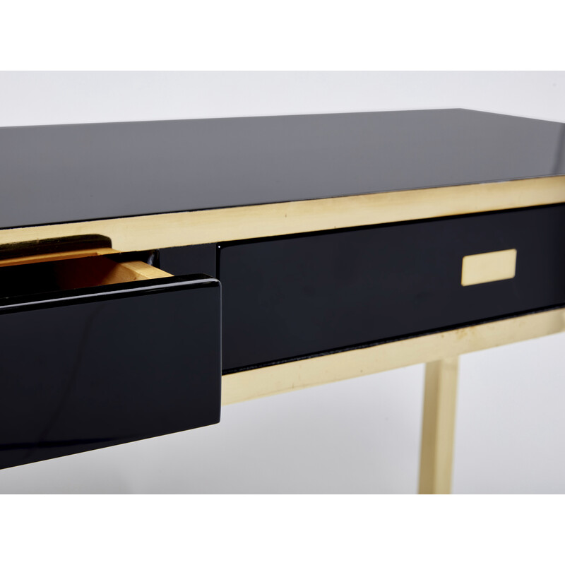 Pair of vintage black lacquered and brass consoles by Jean-Claude Mahey for Maison Romeo, 1970s