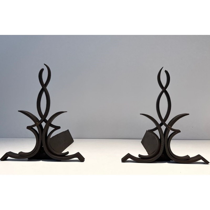 Pair of vintage wrought iron and cast iron andirons by Raymond Subes, France 1940s