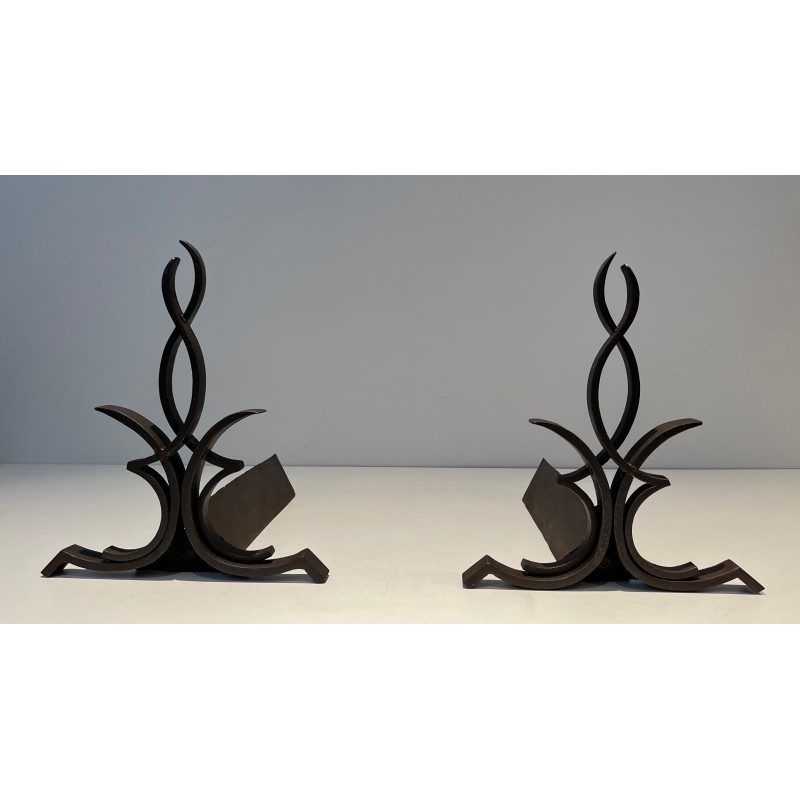 Pair of vintage wrought iron and cast iron andirons by Raymond Subes, France 1940s