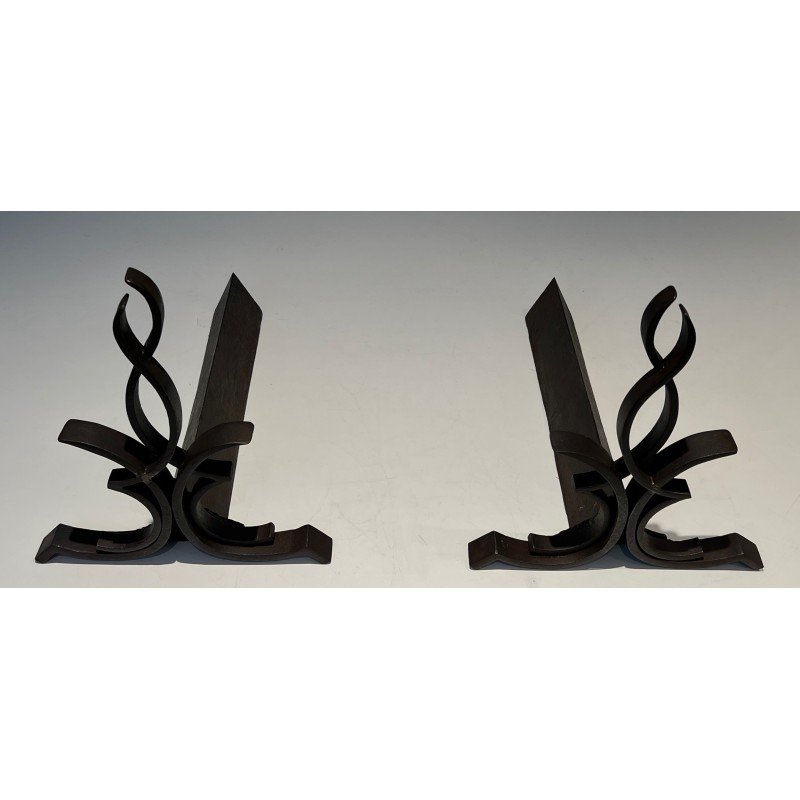 Pair of vintage wrought iron and cast iron andirons by Raymond Subes, France 1940s