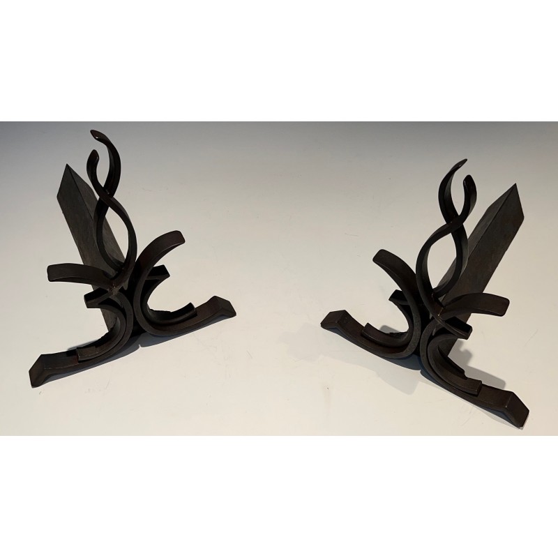 Pair of vintage wrought iron and cast iron andirons by Raymond Subes, France 1940s