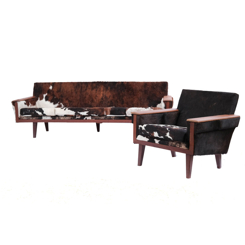 Vintage living room set in cow leather, Norway 1970s