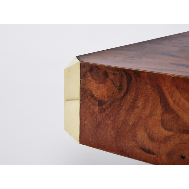 Mesa de centro cuadrada vintage en madera de rebabas y latón, Mario Sabot 1970
