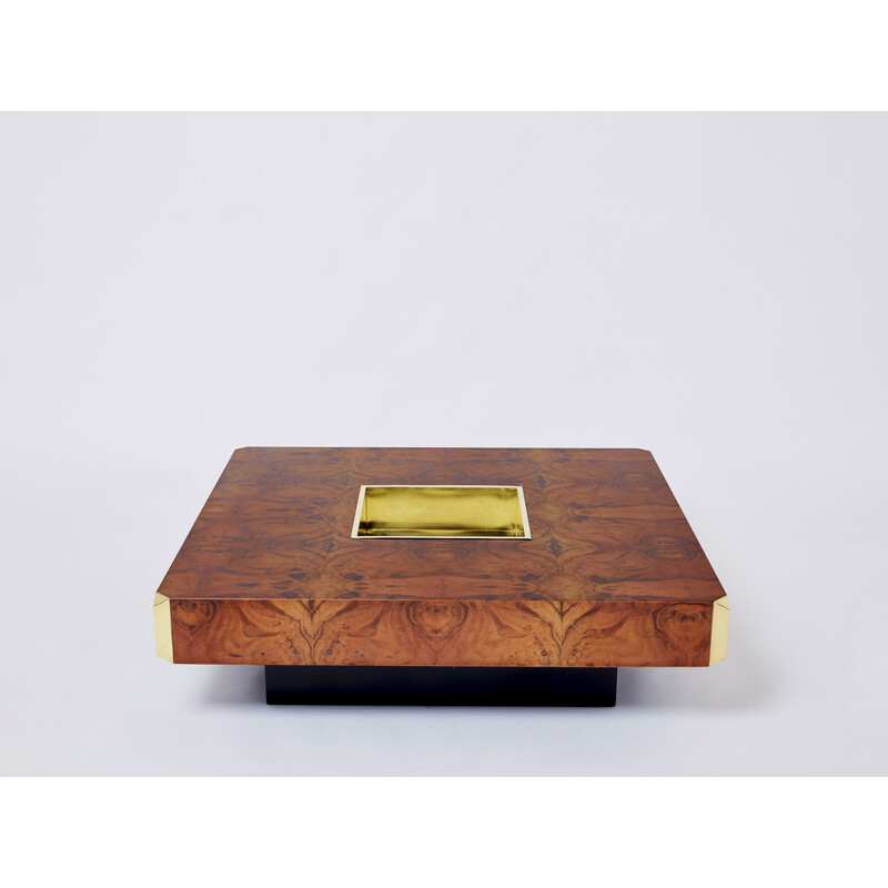 Square vintage coffee table in burr wood and brass, Mario Sabot 1970