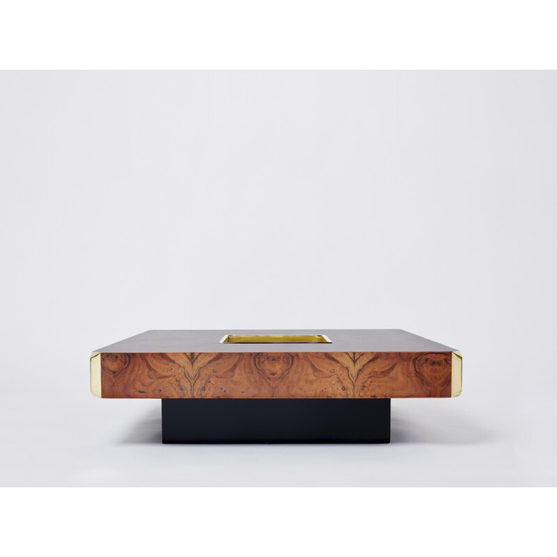 Square vintage coffee table in burr wood and brass, Mario Sabot 1970