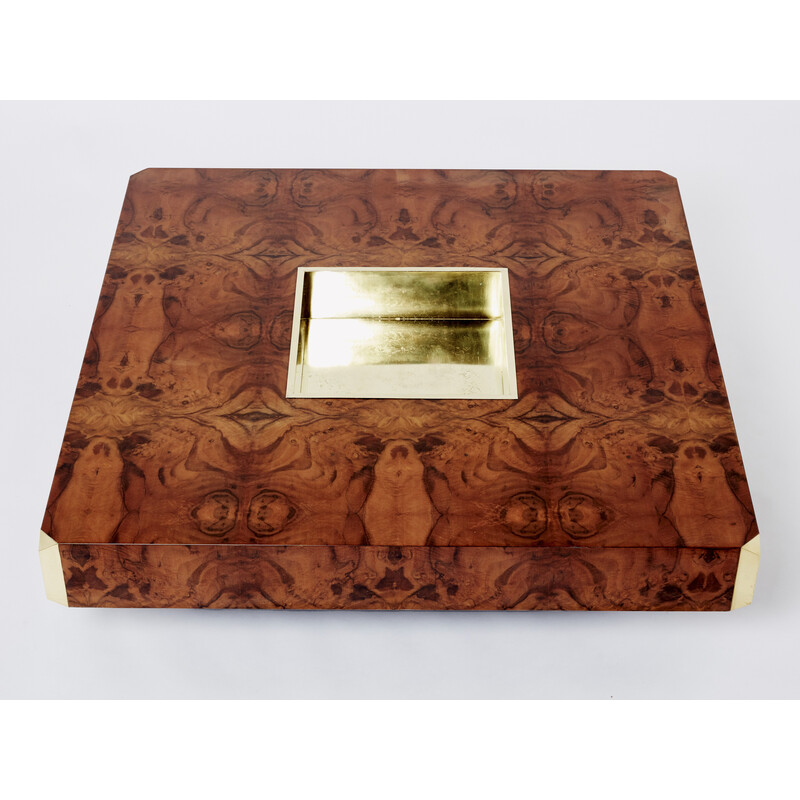 Square vintage coffee table in burr wood and brass, Mario Sabot 1970