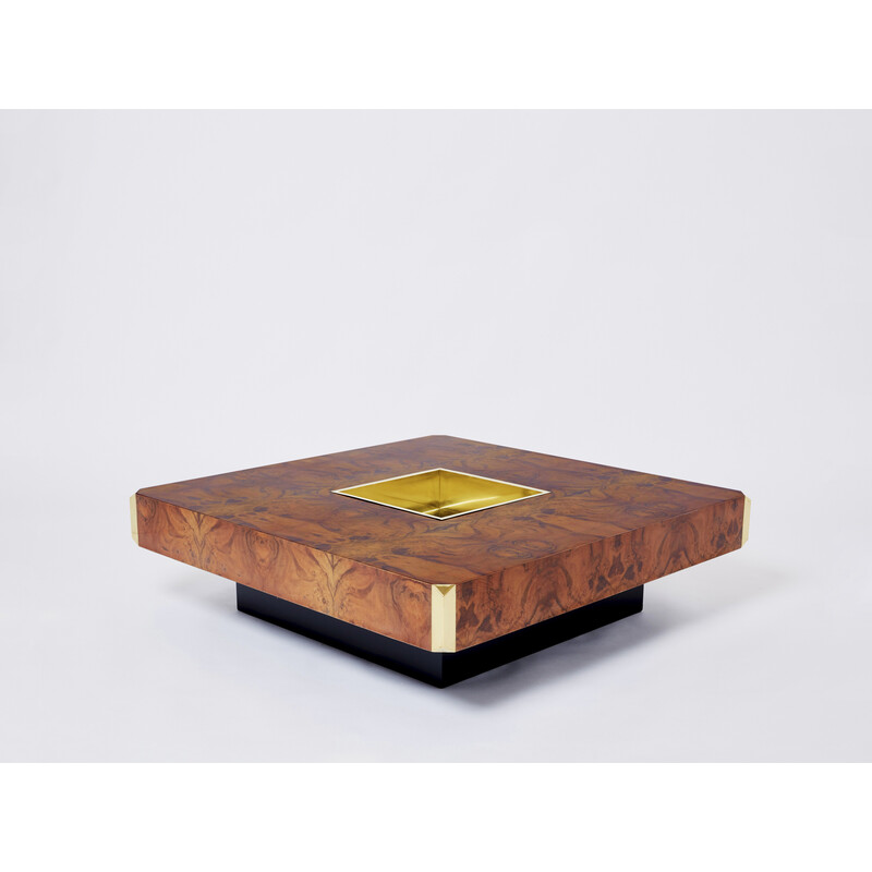Mesa de café quadrada vintage em madeira e latão, Mario Sabot 1970