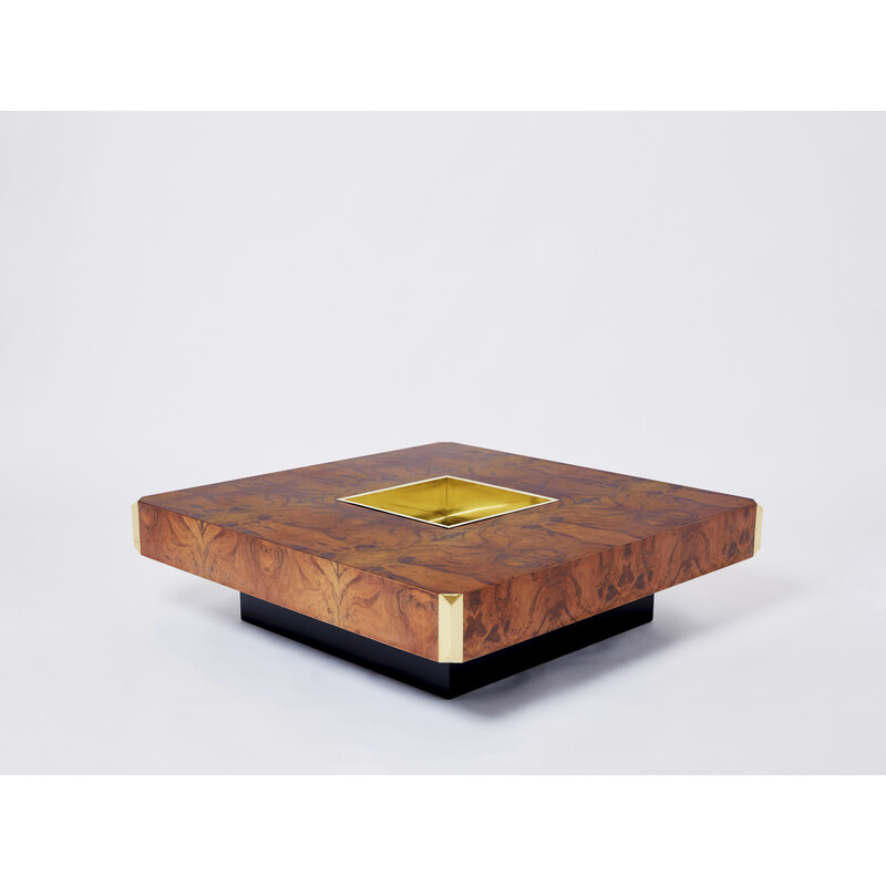 Square vintage coffee table in burr wood and brass, Mario Sabot 1970