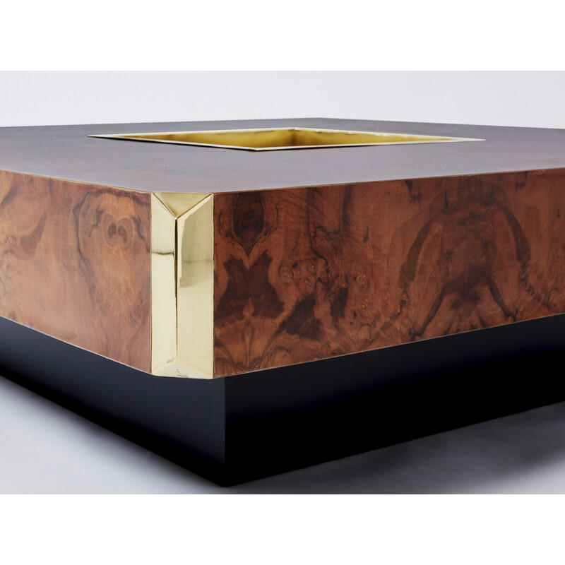 Square vintage coffee table in burr wood and brass, Mario Sabot 1970