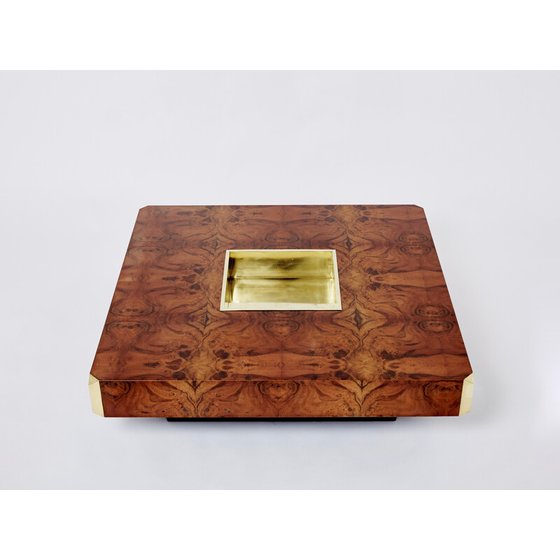 Square vintage coffee table in burr wood and brass, Mario Sabot 1970