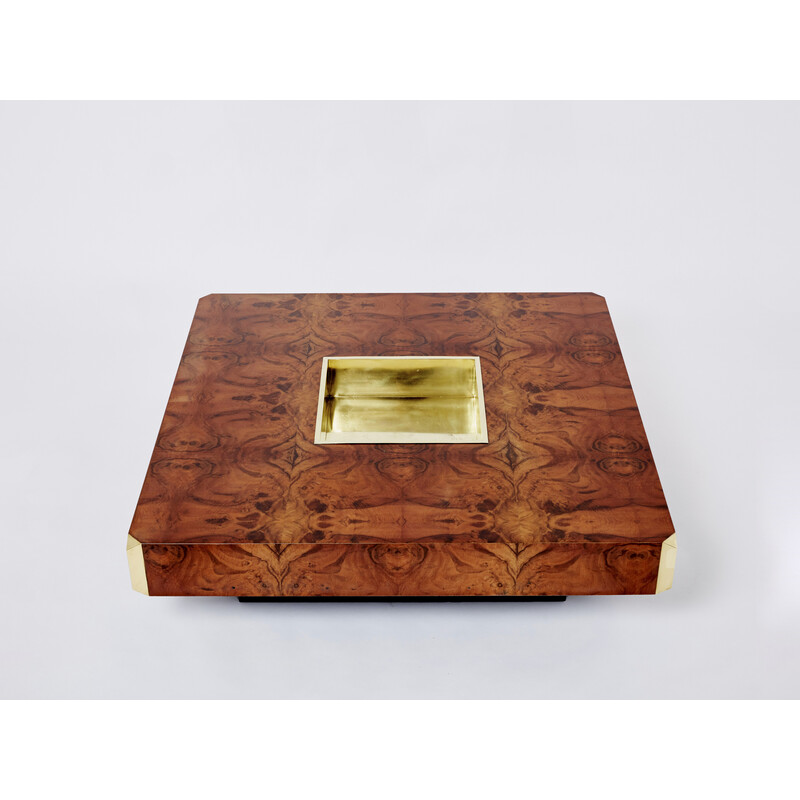 Table basse carrée vintage en loupe et laiton, Mario Sabot 1970