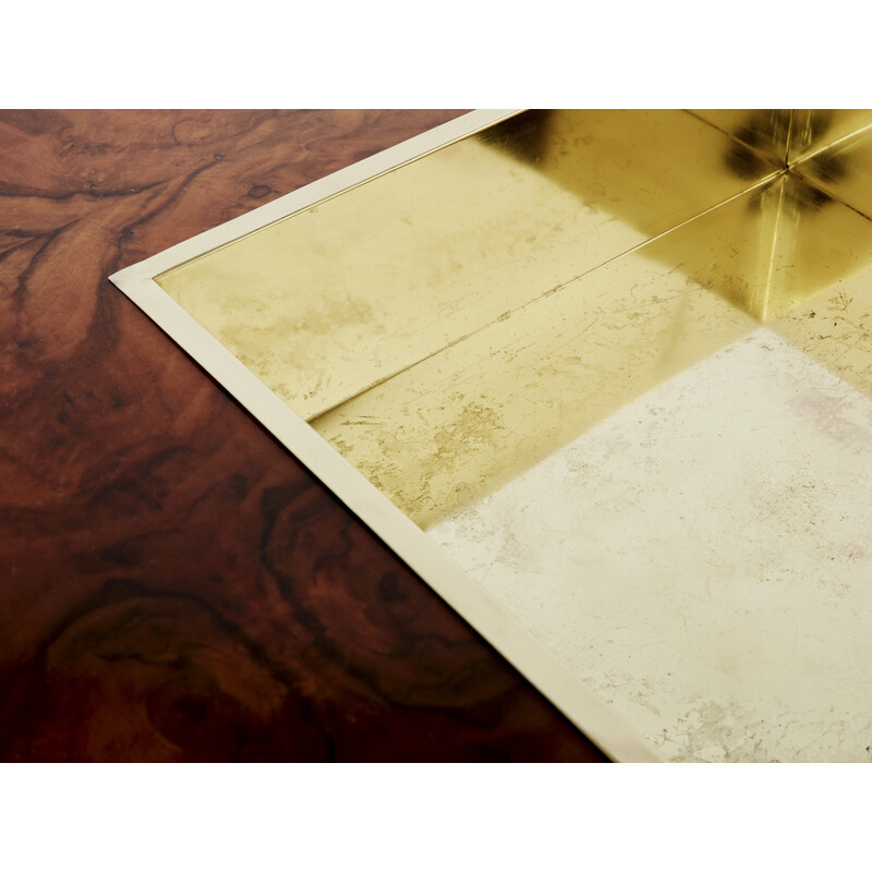 Square vintage coffee table in burr wood and brass, Mario Sabot 1970