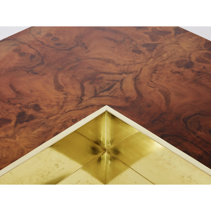 Square vintage coffee table in burr wood and brass, Mario Sabot 1970