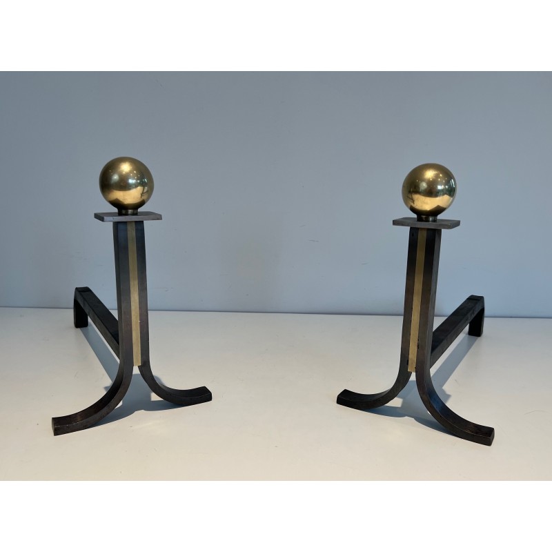 Pair of vintage steel, brass and wrought iron andirons, France 1970s