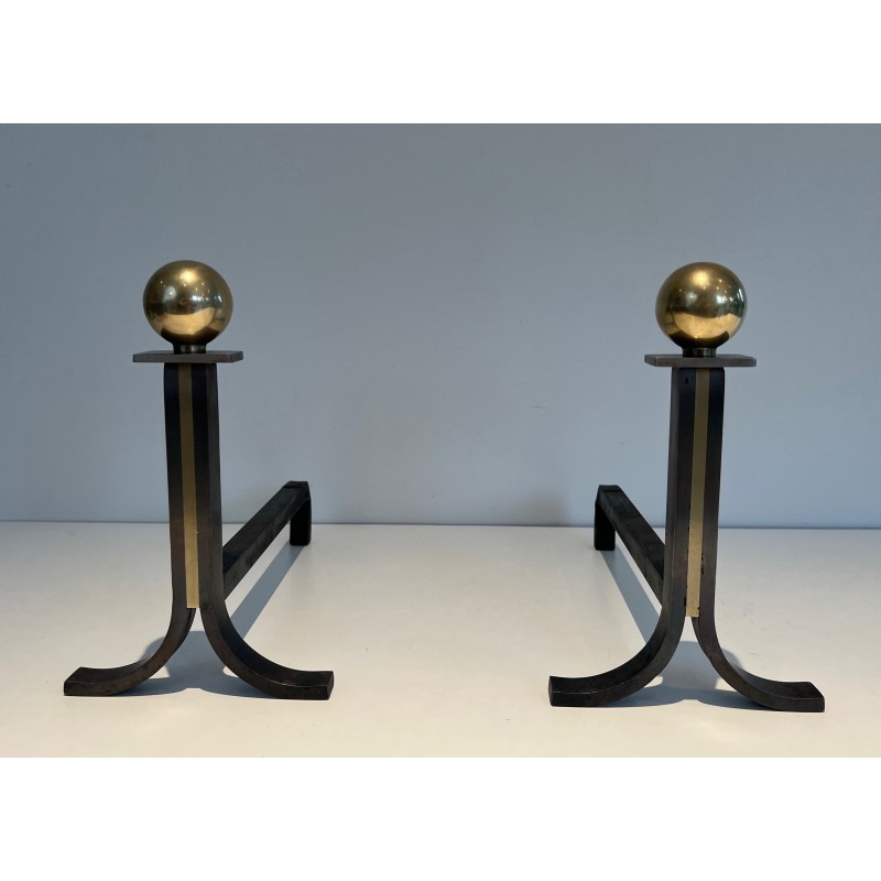 Pair of vintage steel, brass and wrought iron andirons, France 1970s