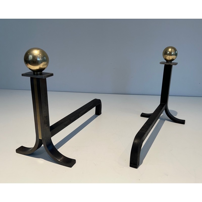 Pair of vintage steel, brass and wrought iron andirons, France 1970s
