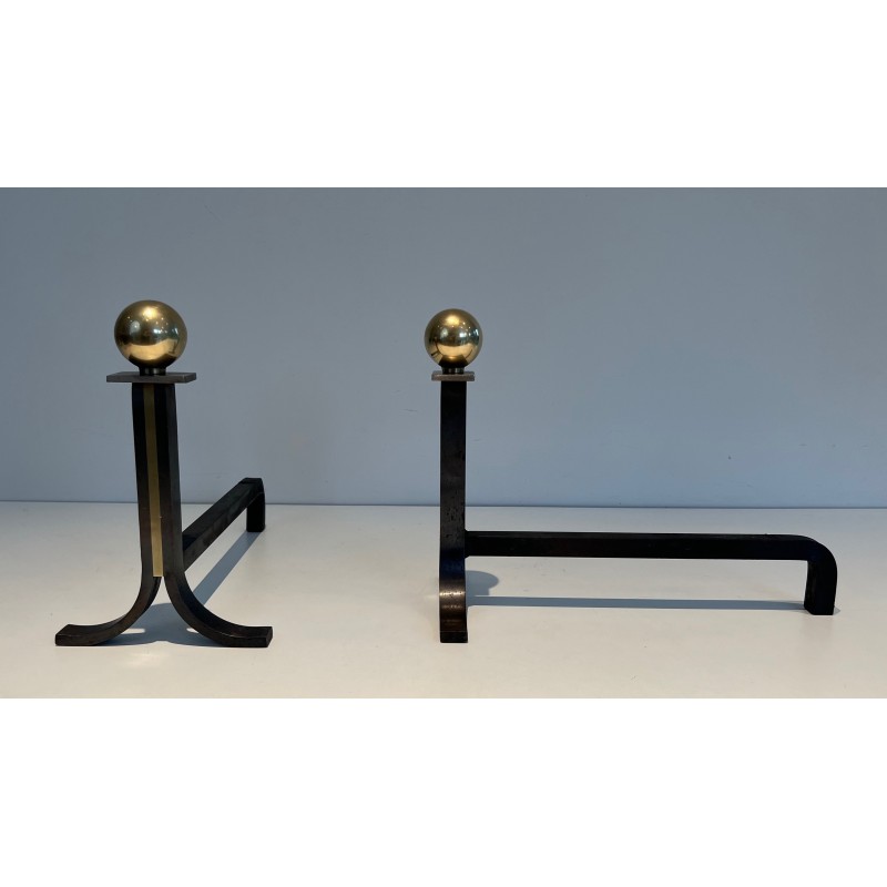 Pair of vintage steel, brass and wrought iron andirons, France 1970s