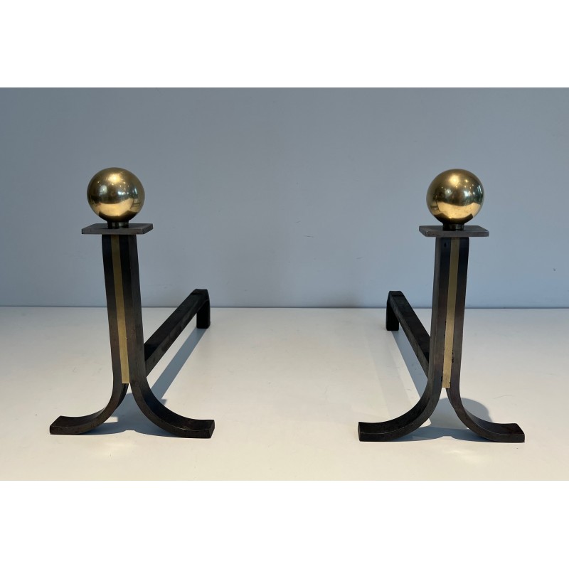 Pair of vintage steel, brass and wrought iron andirons, France 1970s