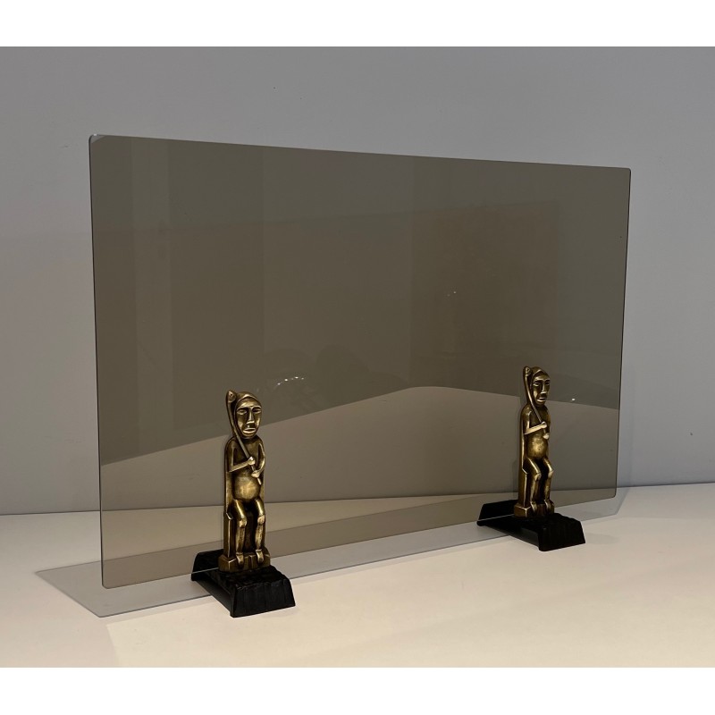 Vintage smoked glass and bronze firewall by Anton Prinner, France 1930s