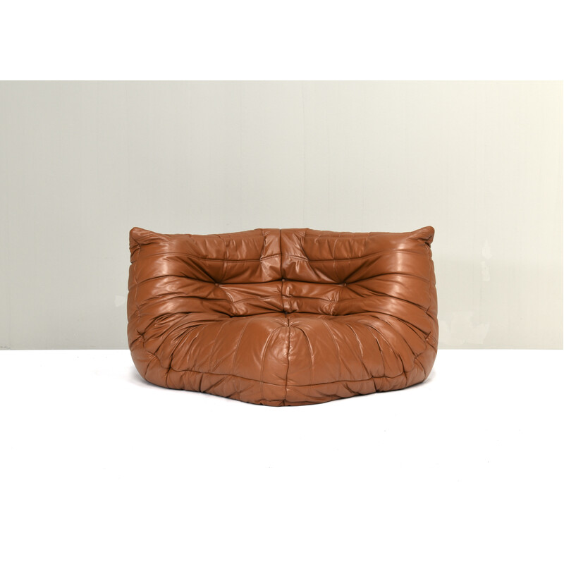 Sofá de canto Vintage Togo em pele bege por Michel Ducaroy para Ligne Roset, França 1970s