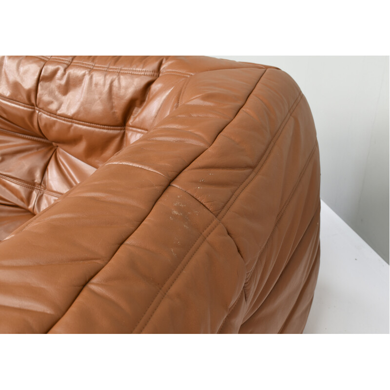 Vintage Togo corner sofa in beige leather by Michel Ducaroy for Ligne Roset, France 1970s