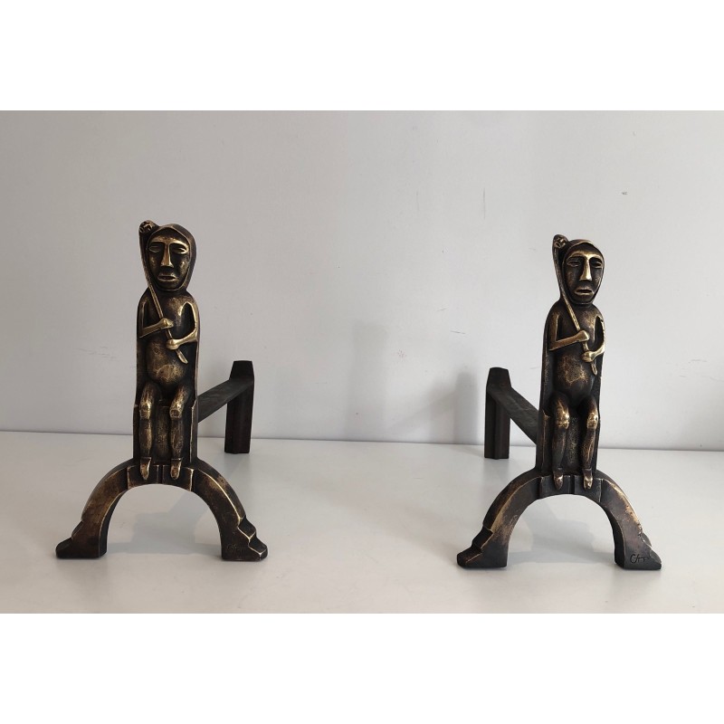 Pair of vintage bronze andirons by Anton Prinner, France 1930